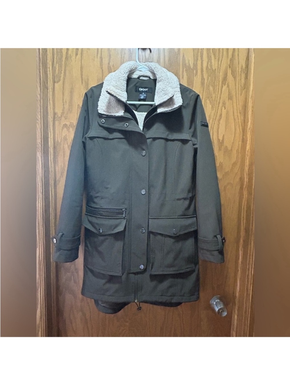 DKNY long parka Olive military Utility trench coat Sherpa collar extra small XS